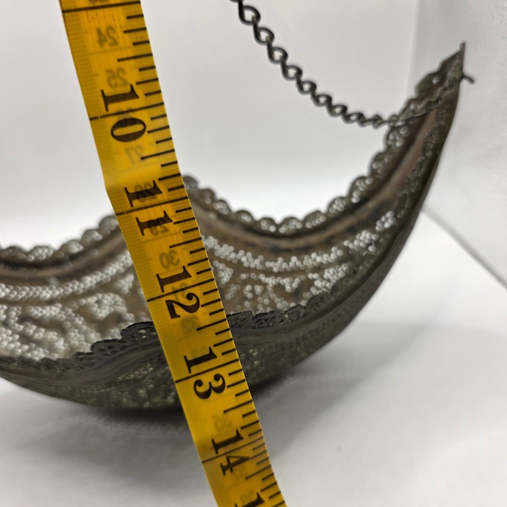 Hanging Indo-Persian Kashkul Beggars Bowl Filigree Metal Etched Hanging Vessel - Picture 10 of 10